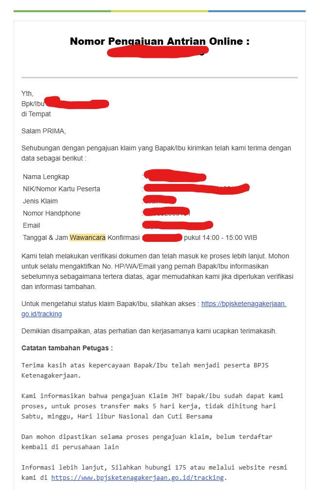 BPJS Ketenagakerjaan Interview Confirmation Email